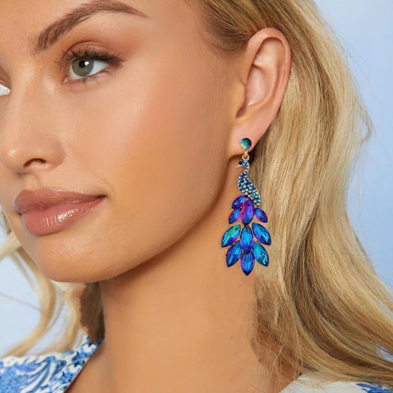 Dtja Vintage Peacock Dangle Earrings for Women 14K Gold Plated Green Crystal Feather Peafowl Statement Drop Dangling Stud Earring Boho Exaggerated Birthday Holiday Jewelry Gifts - Image 1